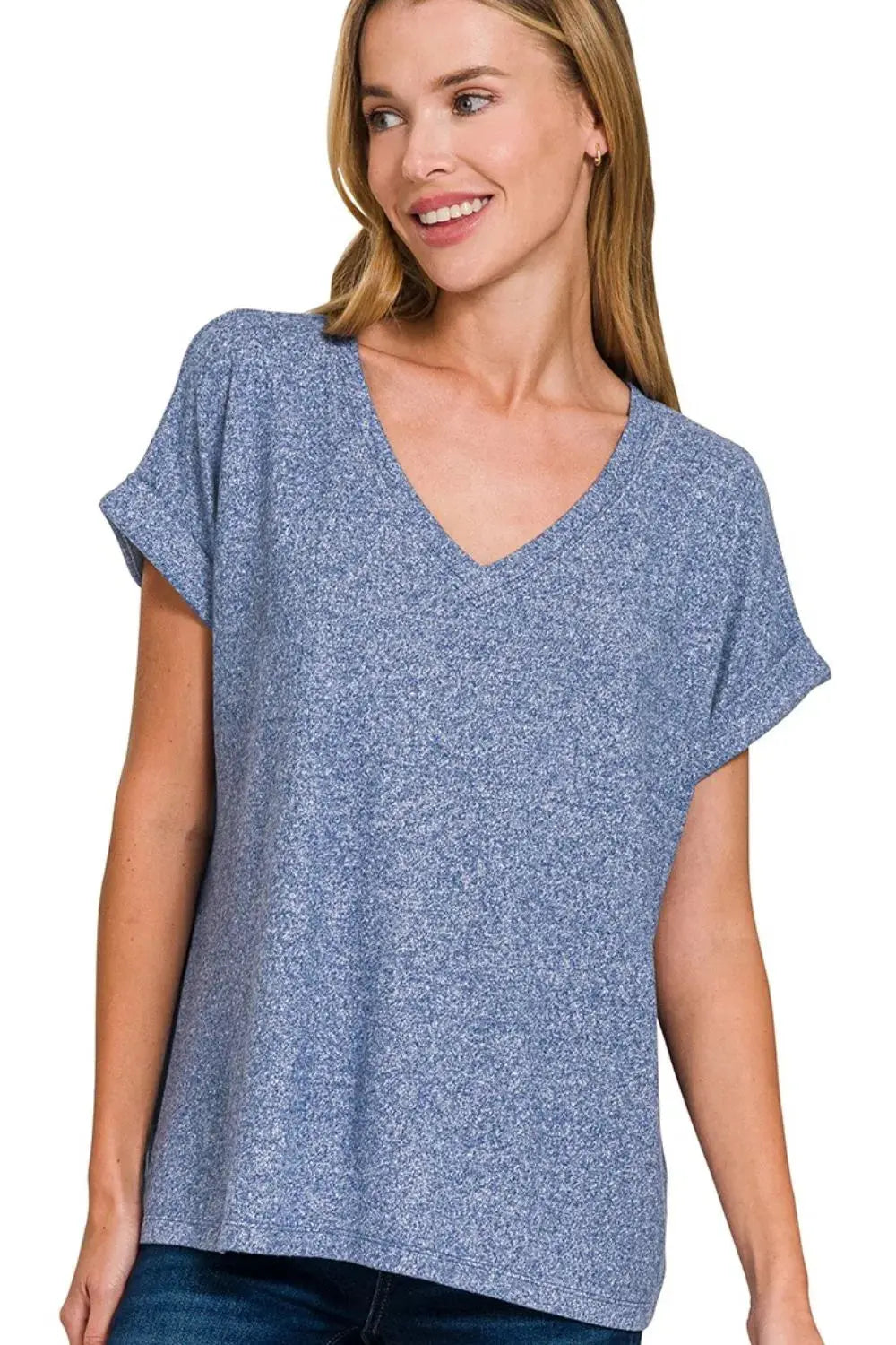 Zenana Soft Melange Hacci V-neck Tee - Love Salve